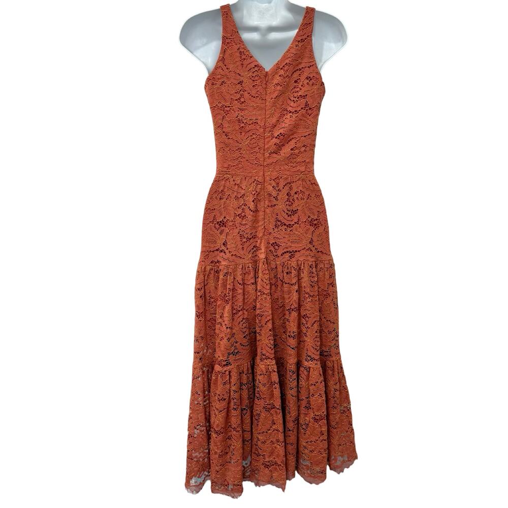 Dress the Population Burnt Orange Gold Lace Tiered V-Neck Midi Dress size S - Picture 6 of 16